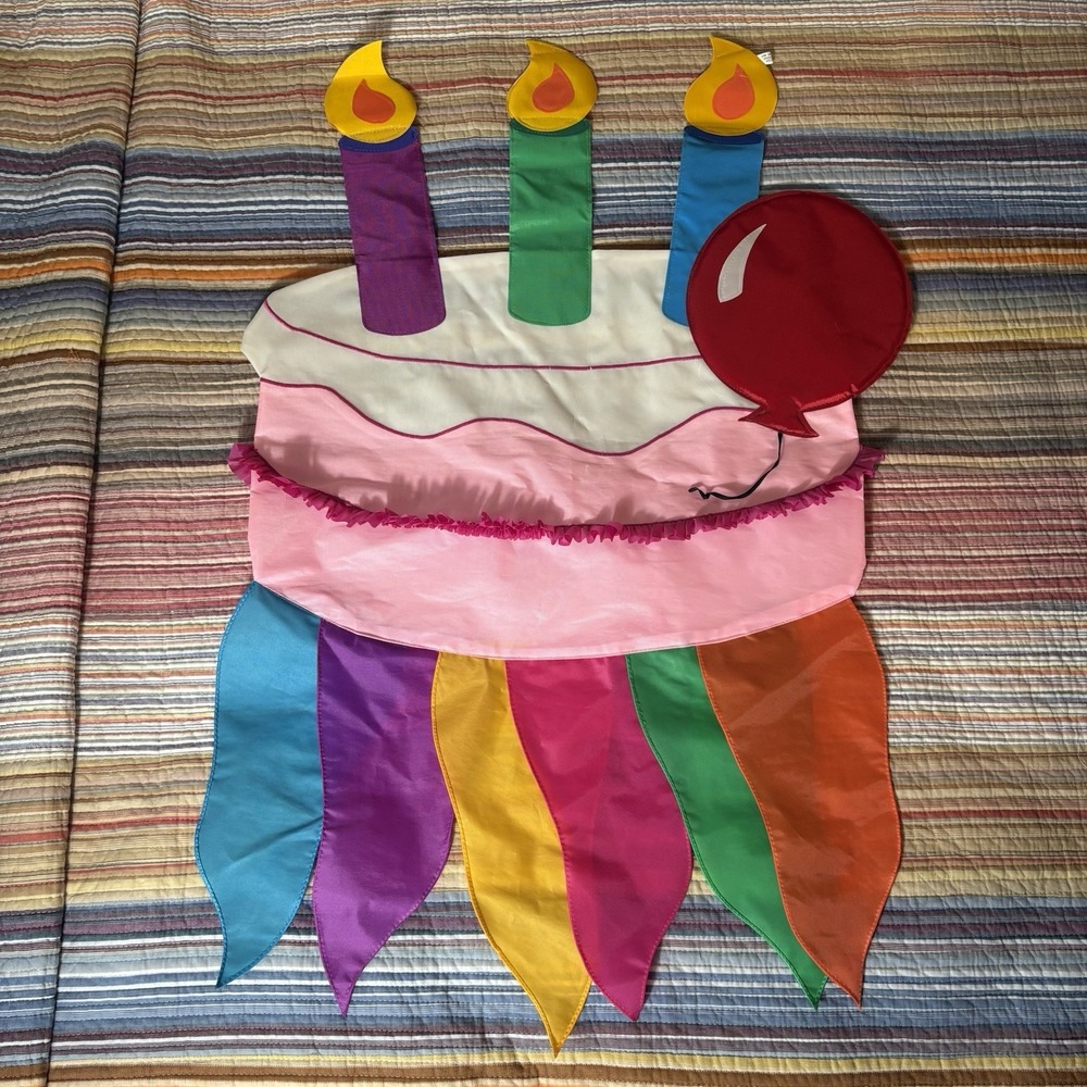 House Flag Happy Birthday Double Sided‎ Banner 28 x 48 Colorful Cake & Balloons